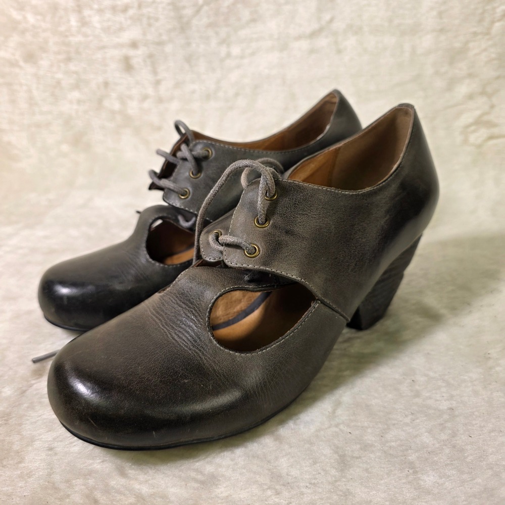 VTG Miz Mooz Leather Lace Up Cut Out Heeled Oxford Mary Jane Shoes Grey Womens 7